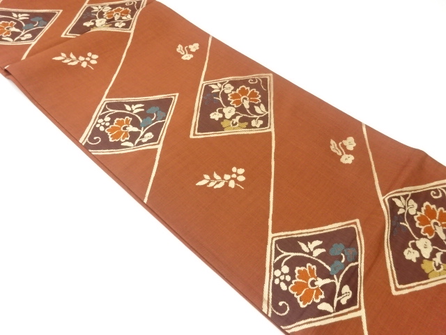 三幸織物製　楽山　菱に花唐草模様洒落袋帯